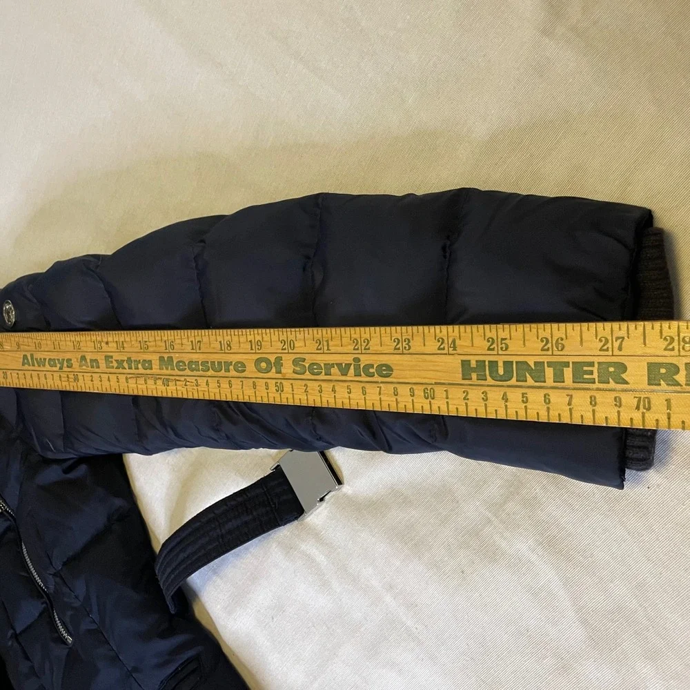 Michael Kors Puffer Parka Womens Medium Navy Blue Belted Faux Fur Hood Down Coat